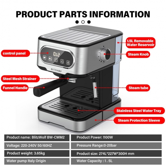 BlitzWolf BW-CMM2 Espressomaschine Kaffeemaschine 20 Bar Hochdruckextraktion Milchaufschäumen Präzise Steuerung Duales System Si