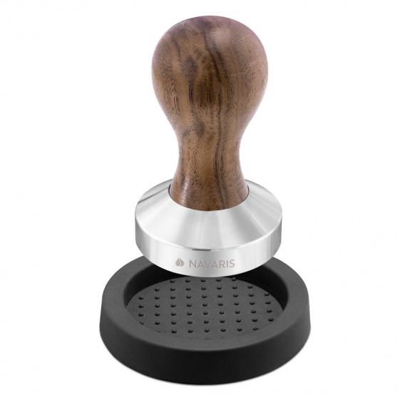 Navaris Espresso Tamper für Kaffee 58mm - Stempel Stampfer aus Edelstahl mit Holzgriff - inkl. Silikonmatte - Kaffeestampfer für