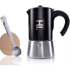 More about Thiru Espressokocher Induktion l Premium Mokkakanne aus Edelstahl inkl. Toolset (Schwarz, 6 Tassen (300ml))