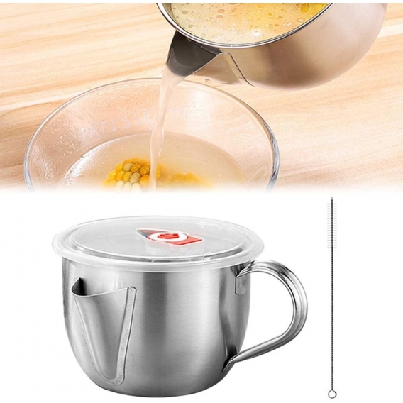 Fetttrennkanne, 1000ML Fettabscheider Aus Edelstahl, -Kanne Öl Suppe Sieb Tasse, Mehrzweck Fett-Trennkanne Mit Deckel & Pinsel, 