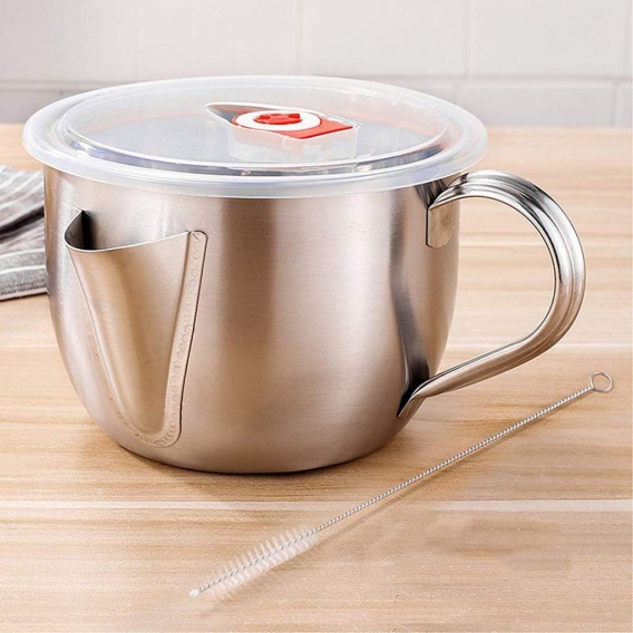 Fetttrennkanne, 1000ML Fettabscheider Aus Edelstahl, -Kanne Öl Suppe Sieb Tasse, Mehrzweck Fett-Trennkanne Mit Deckel & Pinsel, 