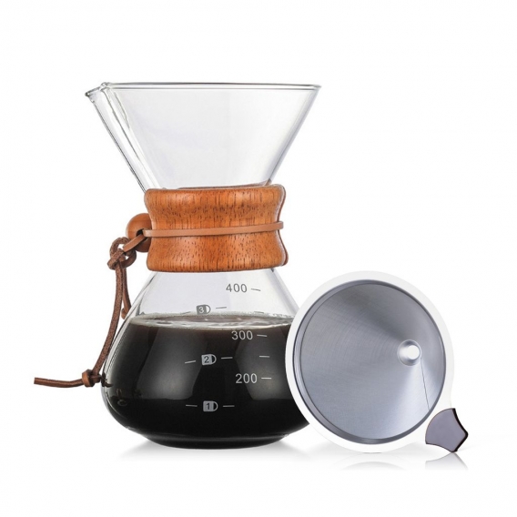 400ml Giessen Sie ueber Kaffeemaschine papierlose Glaskaraffe mit Edelstahlfilter Wiederverwendbare Glaskaffeekanne Manuelle Kaf