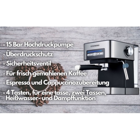 Steinborg Espressomaschine | Edelstahl Design | Touch Bedienfeld | Dampfausstoßregler | 1,6 Liter abnehmbarer Wassertank | 850 W