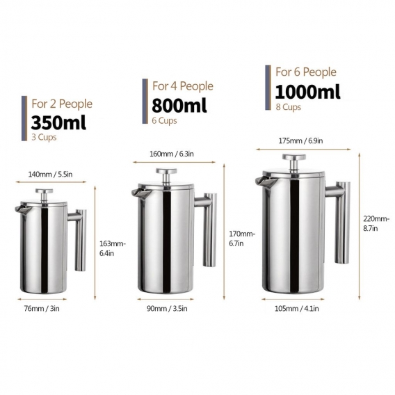 350ml/800ml/1000ml French Press Kaffeemaschine Edelstahl doppelwandig isolierte Kaffeemaschine Topf