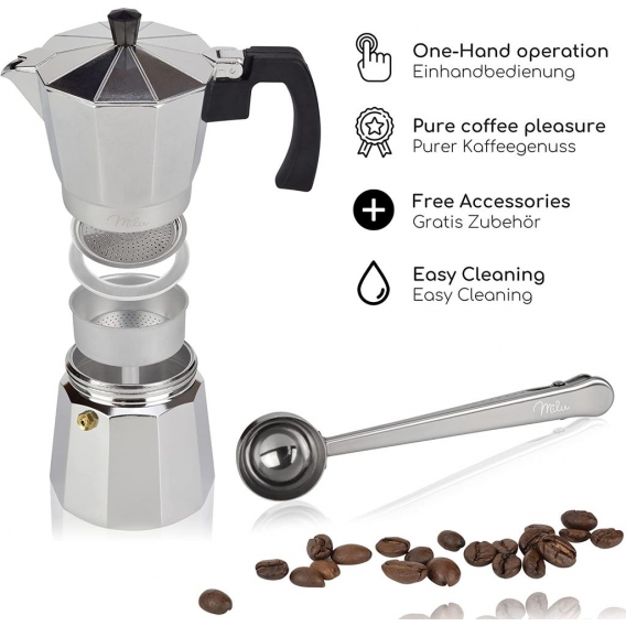 Milu Espressokocher (No Induktion) | 2, 3, 6, 9 Tassen | Aluminium Mokkakanne, Espressokanne, Espresso Maker Set inkl. Untersetz