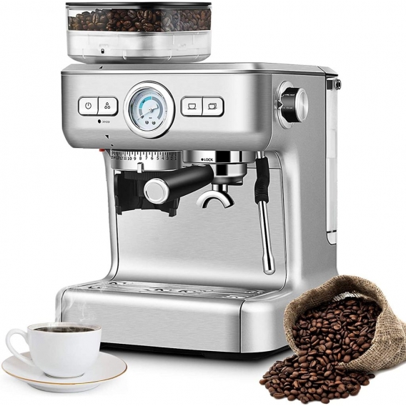 Siebtraegermaschine Kaffeemaschine Edelstahl, Espressomaschine mit PID-Temperaturregler & Mahlwerk, Kaffeepadmaschine mit 2L Abn