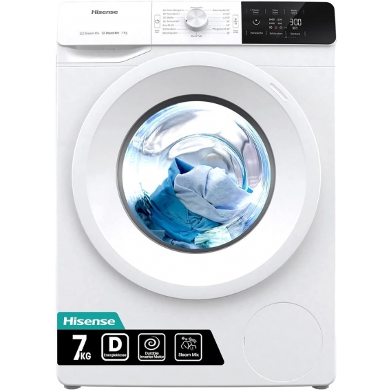 Hisense WFGE70141VM/ S Waschmaschine mit Dampf/ Inverter Motor/ Aqua Stop/ Slim Line/ 7kg/ Automatikprogramm/ ECO-Programm, Weiß