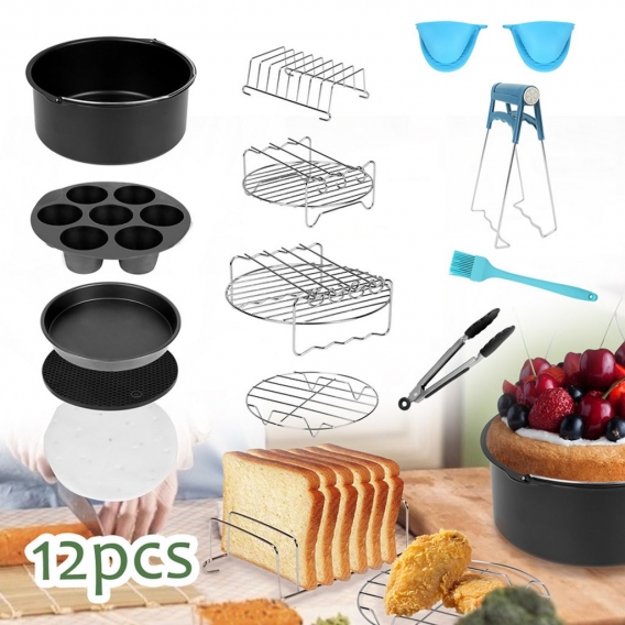 SWANEW Heißluftfritteuse Zubehör 8 Zoll 12tlg. Fritteuse Set inkl. Brotbackkorb Pizzapfanne Silikonpfanne Grillrost Spieße