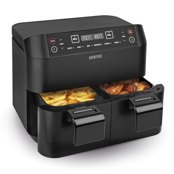 N8WERK Doppel-Heißluftfritteuse - 7,6l Heißluft Fritteuse Friteuse Fritöse XL Air Fryer Edelstahl Doppelkorb 2x 3,8L