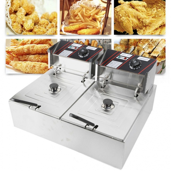 5000W Doppelfritteuse 12L Doppeltank Edelstahl  Friteuse Gastro Fritöse Fettbackgerät Fryer mit Frittierkorb Temperaturregler Ko