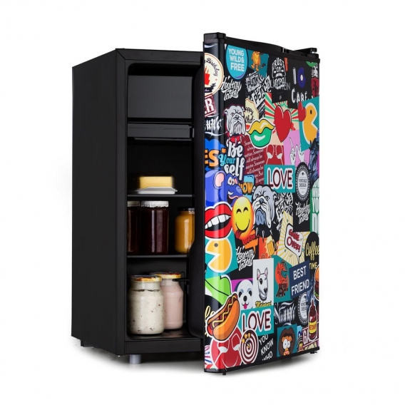 Klarstein Cool Vibe 70+ Kühlschrank ,  , Volumen: 70 Liter , VividArt Concept: Tür mit Stickerbomb-Design Print , Eisfach , Eisw