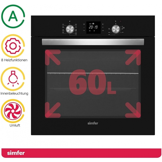 Simfer Einbau Herdset Autark, Teleskopschiene, Glaskeramik-Kochfeld, 9 Funktionen, Digitaler Timer, Heißluft, Umluft, Kindersich