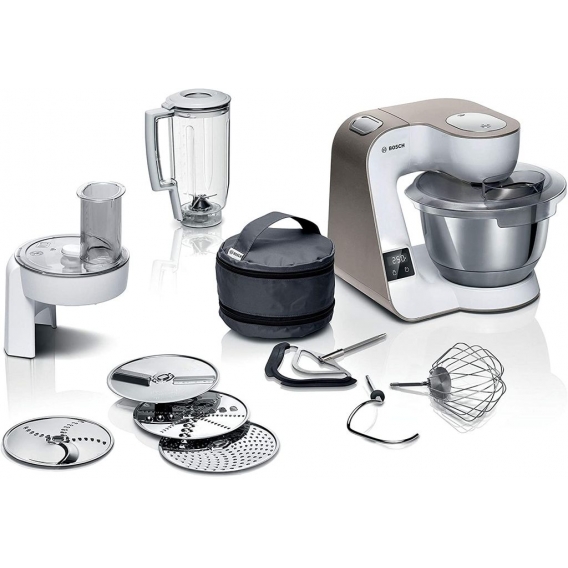 Bosch MUM5XW20 MUM 5 (champagne/weiß) Küchenmaschine, Rührschüssel, Knethaken, Flachrührer, Waage, Mixer-Aufsatz, Schneebesen