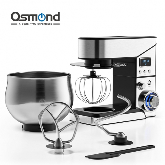 OSMOND 6Gang Küchenmaschine Knetmaschine 1300W LCD StandMixer Edelstahl Rührschüssel 5L Edelstahlschüssel Teigmaschin (Silber)