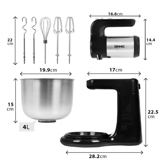 Duronic SM3 Elektrische Küchenmaschine/Standmixer/Rühr- und Knetmaschine/Teigmaschine/Mixer/Standmixer mit 4L Edelstahlschüssel,