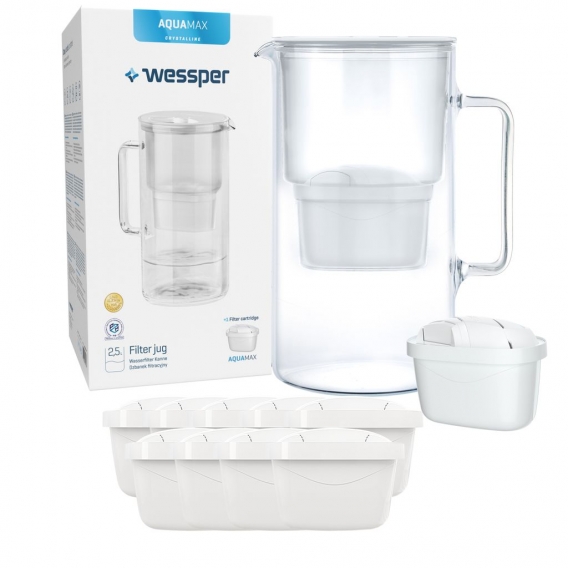 Glas Wasserfilter Wessper 2,5 L mit 10 Filterkartuschen, kompatibel mit Brita Maxtra