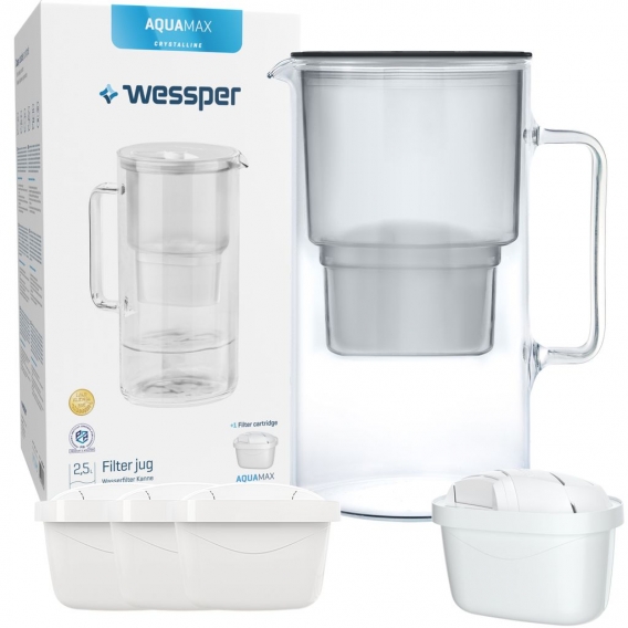 Glas Wasserfilter Wessper 2,5 L mit 4 Filterkartuschen, kompatibel mit Brita Maxtra Schwarz