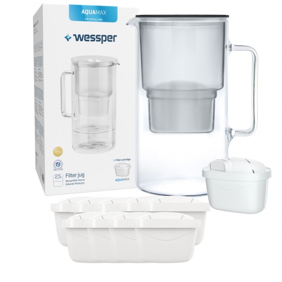 Glas Wasserfilter Wessper 2,5 L mit 10 Filterkartuschen, kompatibel mit Brita Maxtra Schwarz