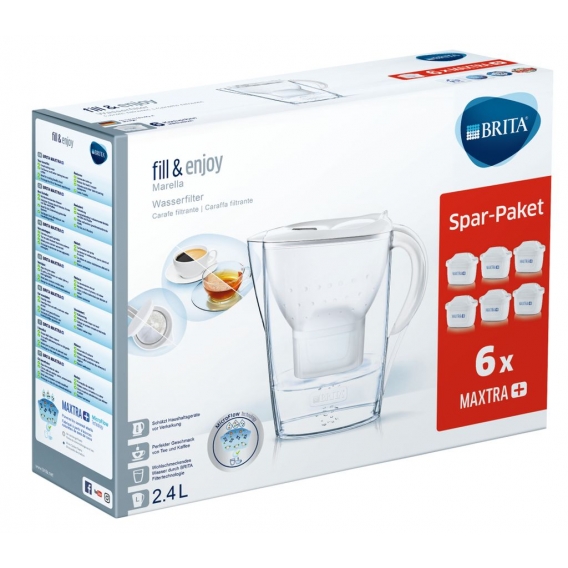 BRITA Wasserfilter Marella im Vorratspack mit 6 x Maxtra Kartuschen, Farbe Weiß