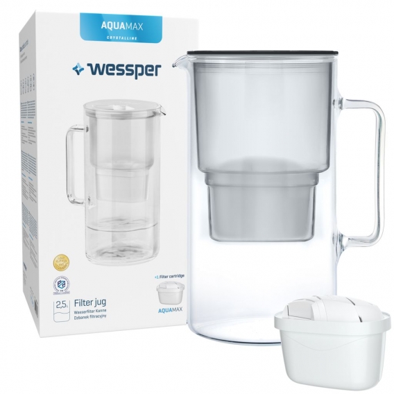 Wasser Filterkanne - Glas - Inklusive 1 Wasserfilter-Kartusche - Reduziert Kalk und Chlor - 2,7 Liter -Schwarz