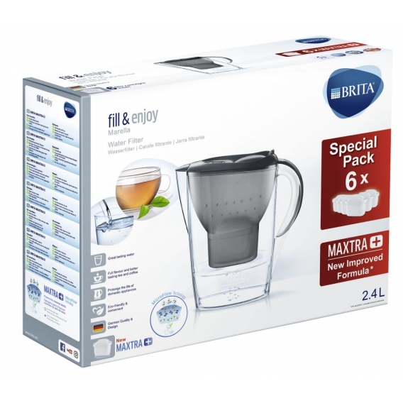 BRITA Wasserfilter Marella im Vorratspack mit 6 x Maxtra Kartuschen, Farbe Graphit