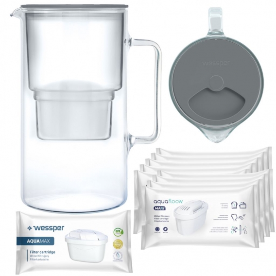 Glas Wasserfilter Kanne 2.5 L mit 10 Filterkartuschen, Reduziert Kalk und Chlor