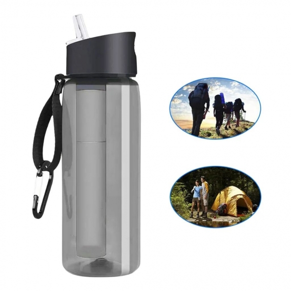 Farbe Grau Tragbare Wasserfilterflasche - Notfall-Wasserfilterflasche mit 4-stufigem integriertem Filterstroh zum Wandern, Rucks