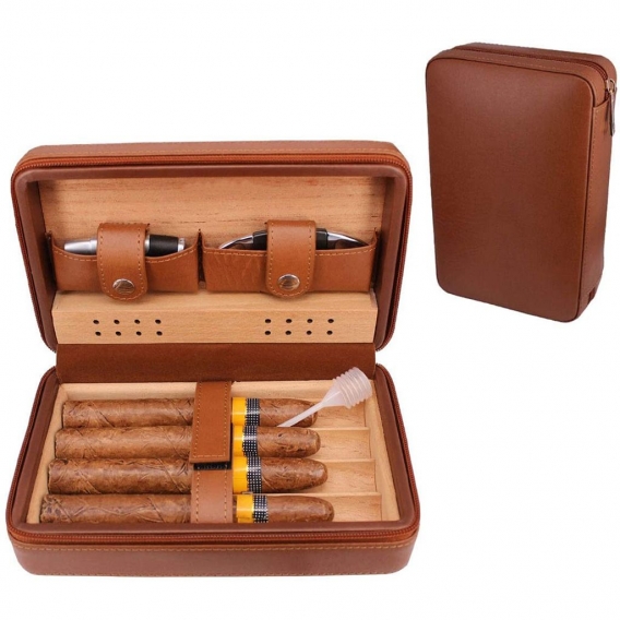 Klassisches Leder-Reiseetui für 4 Zigarren, Humidor mit Messer und Feuerzeug (Braun)