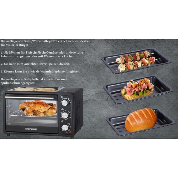 Steinborg 3 in 1 Mini-Backofen mit Grillplatte | 20 Liter | Pizzaofen | Backofen mit Umluft | 1300 W