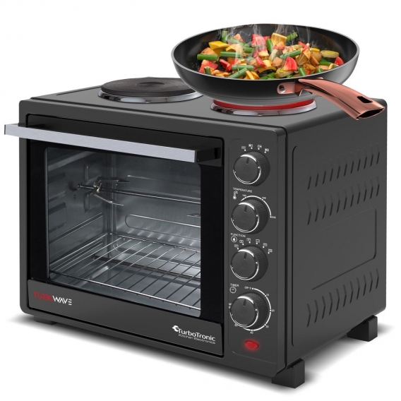 Minibackofen (35L) mit Umluft, 2 Kochplatten, Drehspieß, 3200W, Timer, Backblech