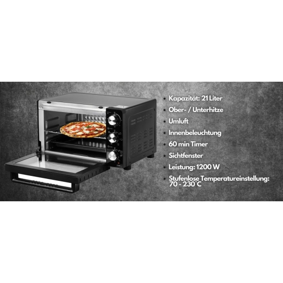 Steinborg Mini Backofen | Ober-Unterhitze | Umluft | 21 Liter | 1200 Watt