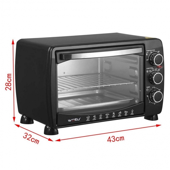 WOLTU Mini Backofen 20 Liter Pizzaofen Glastür mit Backblech mit Timer 100-250°C 1400 Watt Farbe: schwarz