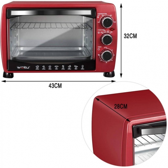 WOLTU BF09rt Mini Backofen 20 Liter Pizzaofen Glastür mit Backblech mit Timer 100-250°C 1400 Watt Rot