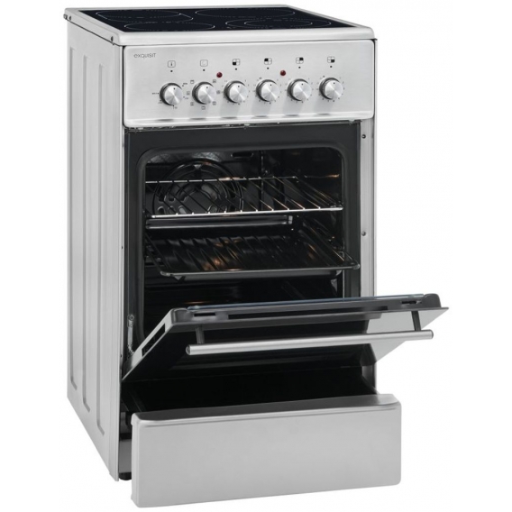 Exquisit ECM 8-4 BZ Inox Elektro-Standherd | Glaskeramik | Bräter-/ Zweikreiszone | Ober-/ Unterhitze, Grill | Umluft | Inox