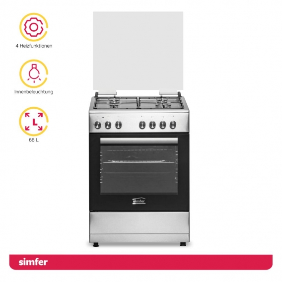 Simfer FS 6031-2 Edelstahl, 60 cm Standherd, Gaskochfeld mit Elektro-Backofen, 66 Liter Garraum, Grillfunktion, Seitengitter, Me