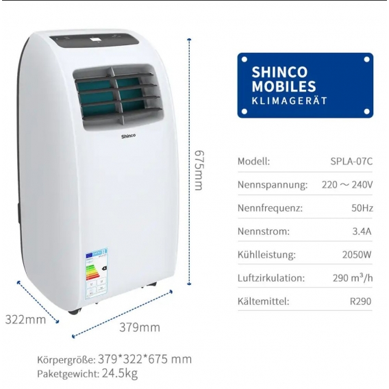 3 in 1 Mobiles Klimagerät Kühlung Entfeuchtung und Ventilationsfunktion 2kW 7000BTU bis 25m²