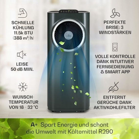 Klarstein Mobile Klimaanlage mit Abluftschlauch - Ventilator Luftentfeuchter Luftreiniger Nachtmodus Funktion - 11.500 BTU - 35 