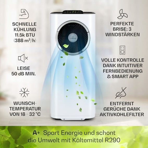 Klarstein Mobile Klimaanlage mit Abluftschlauch - Ventilator Luftentfeuchter Luftreiniger Nachtmodus Funktion - 11.500 BTU - 35 