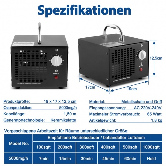 XMTECH 5g Ozongenerator Ozon-Luftreiniger,5000mg/h Ozon Luftreiniger Ozongerät Air Cleaner Purifier mit Timer für Auto