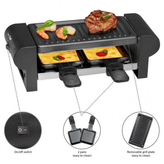 Clatronic Raclette Grill RG 3592 schwarz / Party / ideal für 2 Personen / Tischgrill / Cool Touch-Gehäuse / antihaftbeschichtet