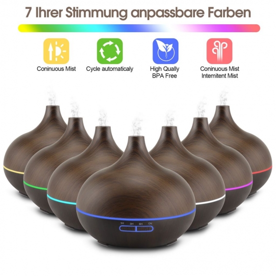 500ml Luftbefeuchter Ultraschall Elektrisch Aroma Diffusor mit 7 Farben, Aromadiffusoren mit 4 Timer, Auto-Off-Funktion + Fernbe