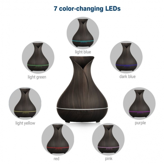 Aroma Diffuser 400mL, Ultraschall Air Luftbefeuchter Holz Vasen-Stil mit 7 LED Farben für Schönheitssalon,SPA,Yoga,Schlafzimmer,