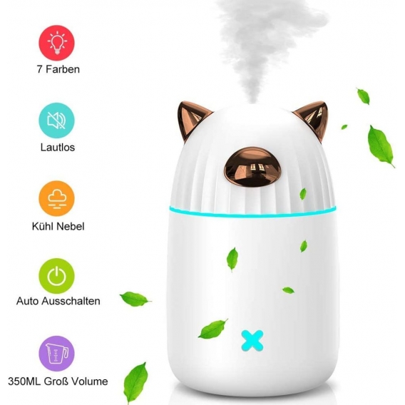 Luftbefeuchter Ultraschall Mit LED Licht 350ml, USB Humidifier Spray Lautlos Aroma Diffuser, Vernebler Raumluftbefeuchter 2 Kühl