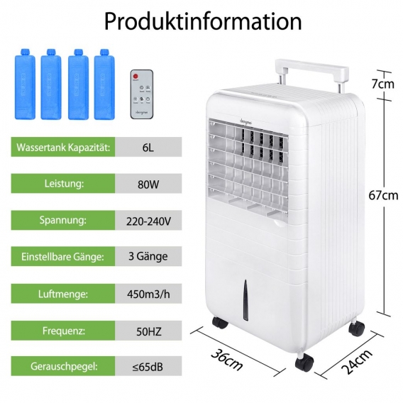 XMTECH 80W Mobile Klimaanlage Klimageräte Lüfter 3 in 1 Klimagerät Luftkühler mit Fernbedienung, 6L Wassertank und Wasserkühlung