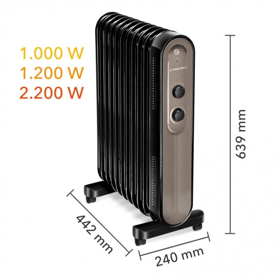 TROTEC Ölradiator TRH 24 E | Heizer | Beheizung | 2.200 W Leistung3 Leistungsstufen (1.000 W / 1.200 W / 2.200 W)