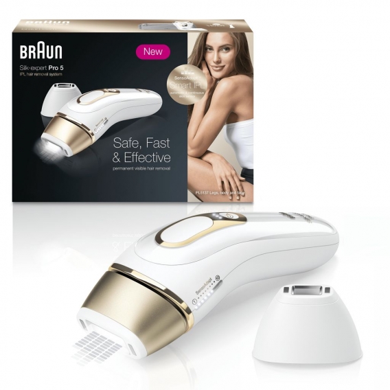 Braun Silk-Expert Pro 5 PL5117 IPL-Haarentfernungsgerät für dauerhaft sichtbare Haarentfernung, Weiß & Gold