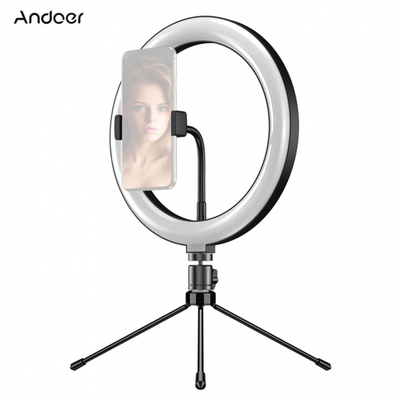 Andoer APL-FL10JJ13Y 10 Zoll dimmbares LED-Selfie-Ring-Videolicht 3000K-6500K LED-Kreislicht CRI 96 mit Tischstativ 3 Lichtmodi 