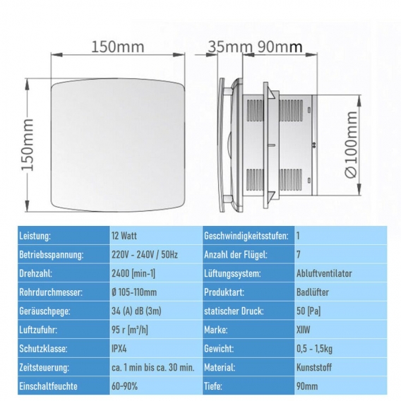 Wandventilator Badlüfter Küche WC Wandlüfter Ventilator Ipx4 Deckenlüfter Rohrlüfter Wandventilator Abluft, Feuchtesensor Timer 