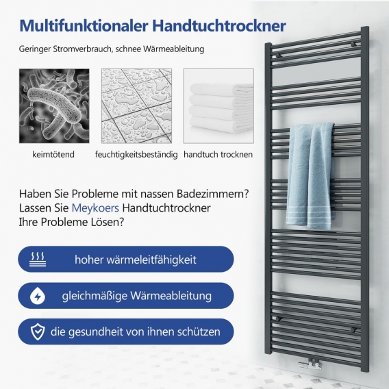 Meykoers Badheizkörper 1800x600x30mm Mittelanschluss 898 Watt Anthrazit, Handtuchtrockner Handtuchwärmer Design Heizkörper für B