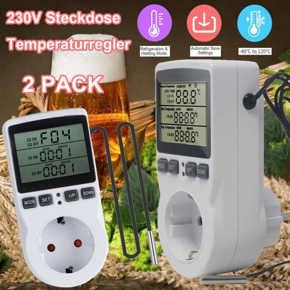 2X LCD Digitale Intelligenter Temperaturregler EU Steckdose Thermostat Zeitschaltuhr Timer Schalter 230V 3680W -40 ℃  120 ℃